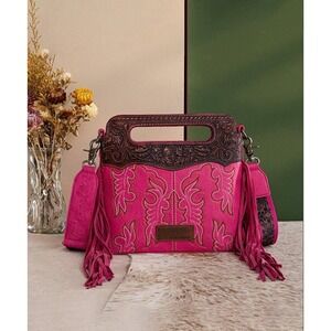Wrangler Top Handle Embroidered Fringe Mini Tote/Crossbody - Pink-WG110-2022HPK